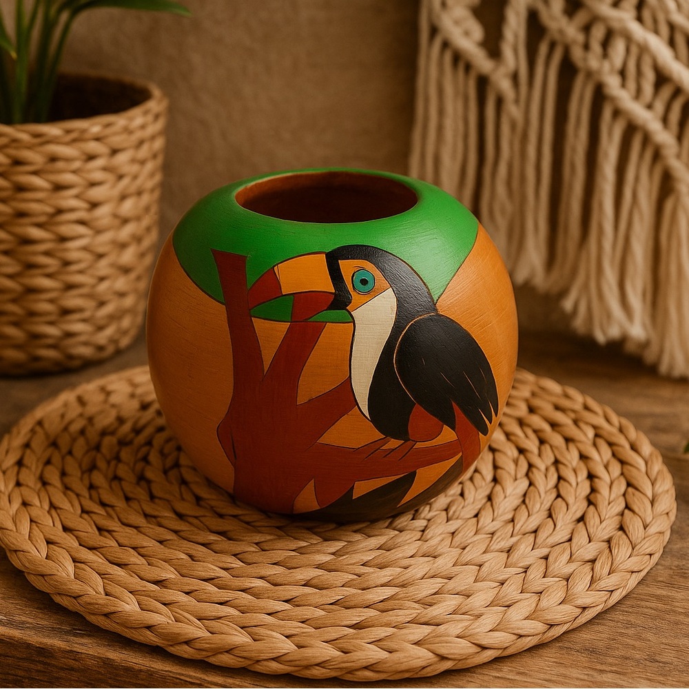 Hand-Painted Wooden Tropical Bird Vase – Toucan & Parrot 4.5” Boho Jungle Decor